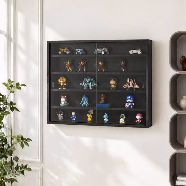 STILVORA Wall Mounted Modern Black Matt Cabinet with Glass Doors and Internal Shelves