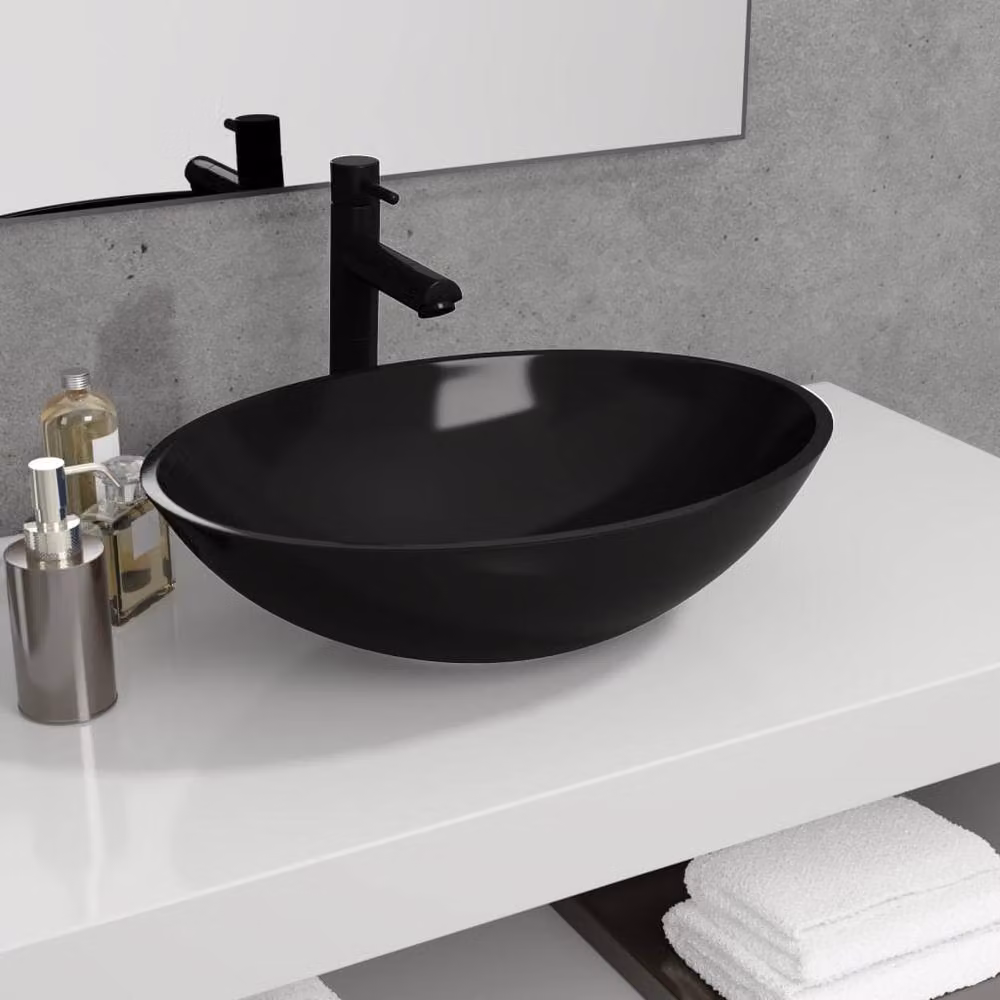 Berkfield Home Modern Basin Glass in Black, W: 50 cm, D: 37 cm, H: 14 cm – 2