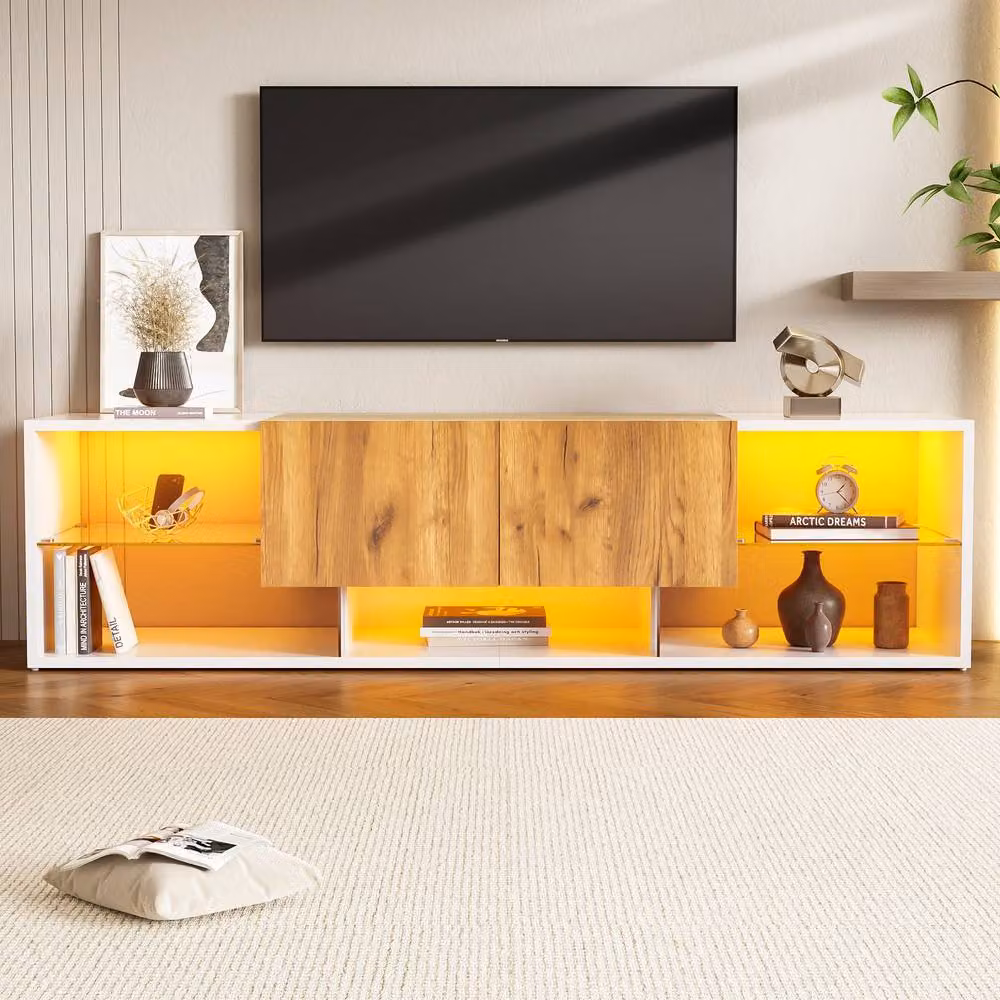 Merax Modern White and Oak Effect LED TV Stand for TVs up to 70 Inch – 3