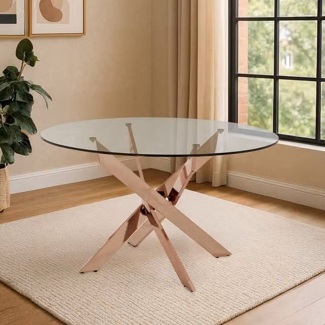 Orsina Round Glass Dining Table with Gold Metal Legs, Diameter: 130 cm, Height: 75 cm
