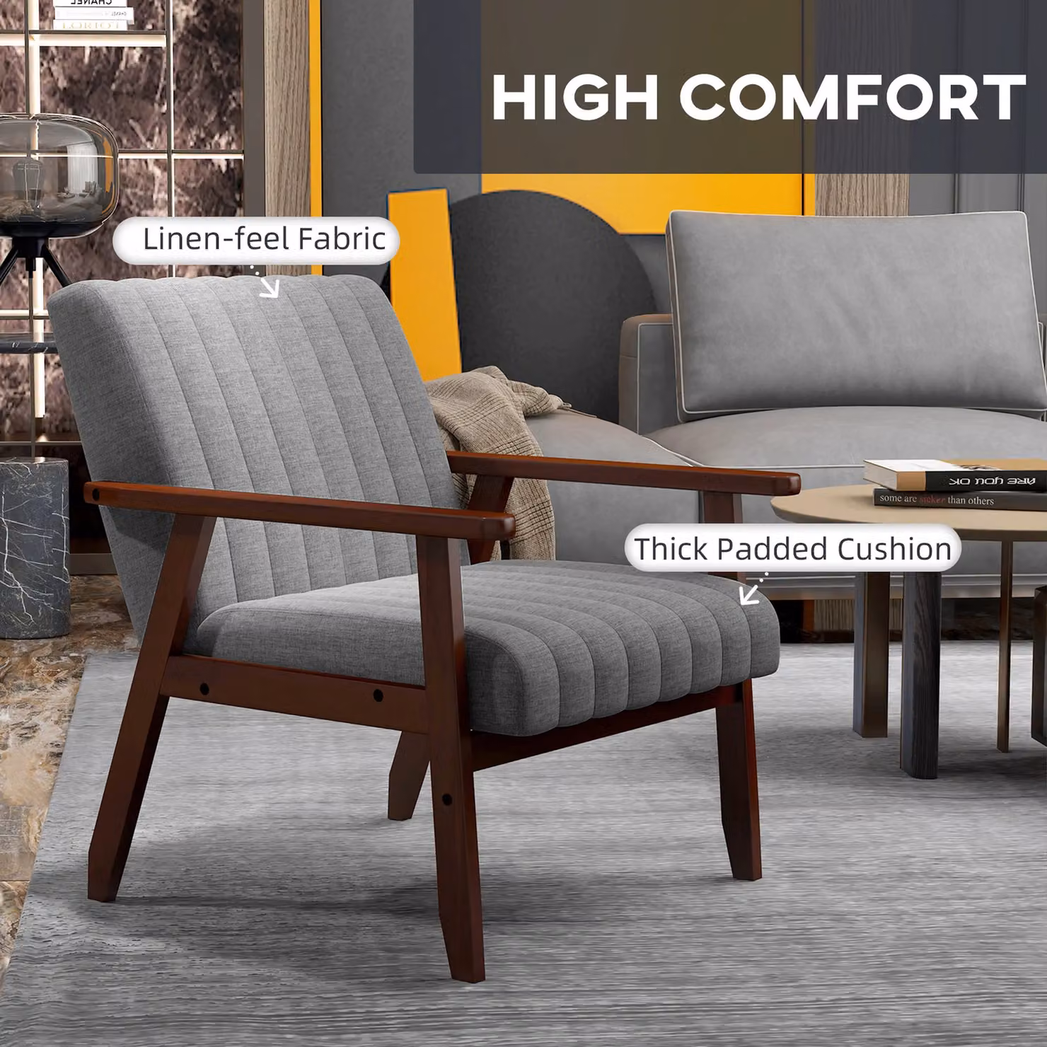 HOMCOM Modern Fabric Accent Armchair with Channel Tufting in Grey – 4