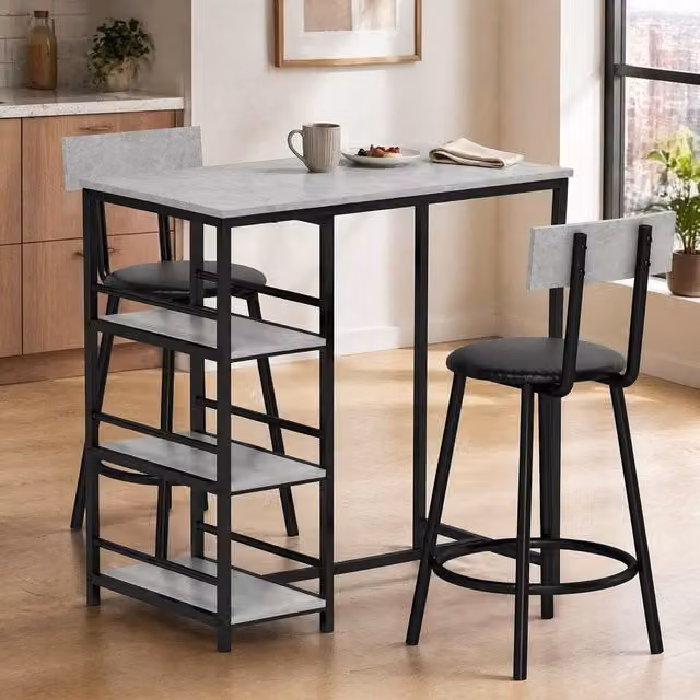 STILVORA Modern Rectangular Dining Set with 3 Chairs and Storage, Grey Wood and Metal Frame