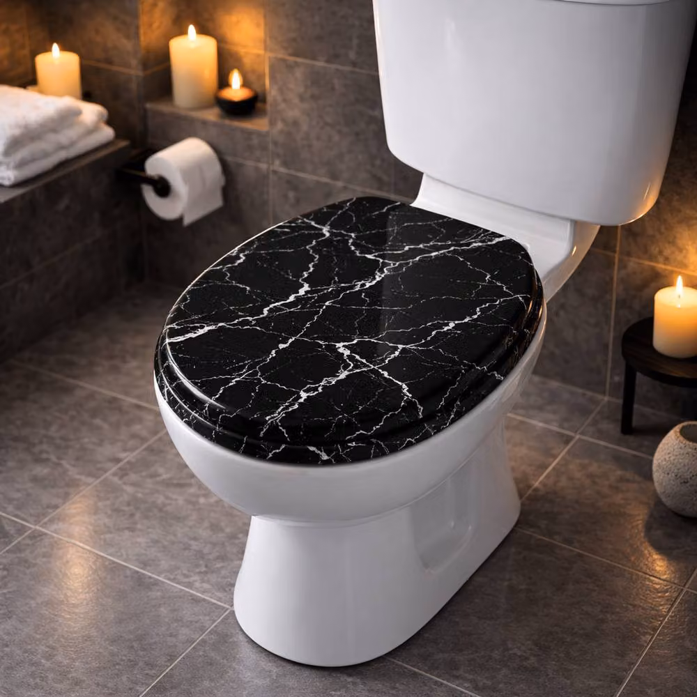 Spot On Dealz Black Marble Effect Oval MDF Wood Toilet Seat, 45.72 cm – 4