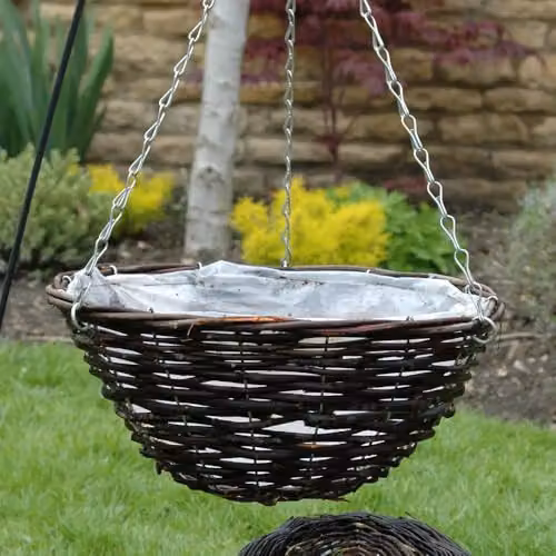 YouGarden Set of 4 Brown Rattan Hanging Baskets with Polythene Lining and Chains, Diameter: 40 cm – 1