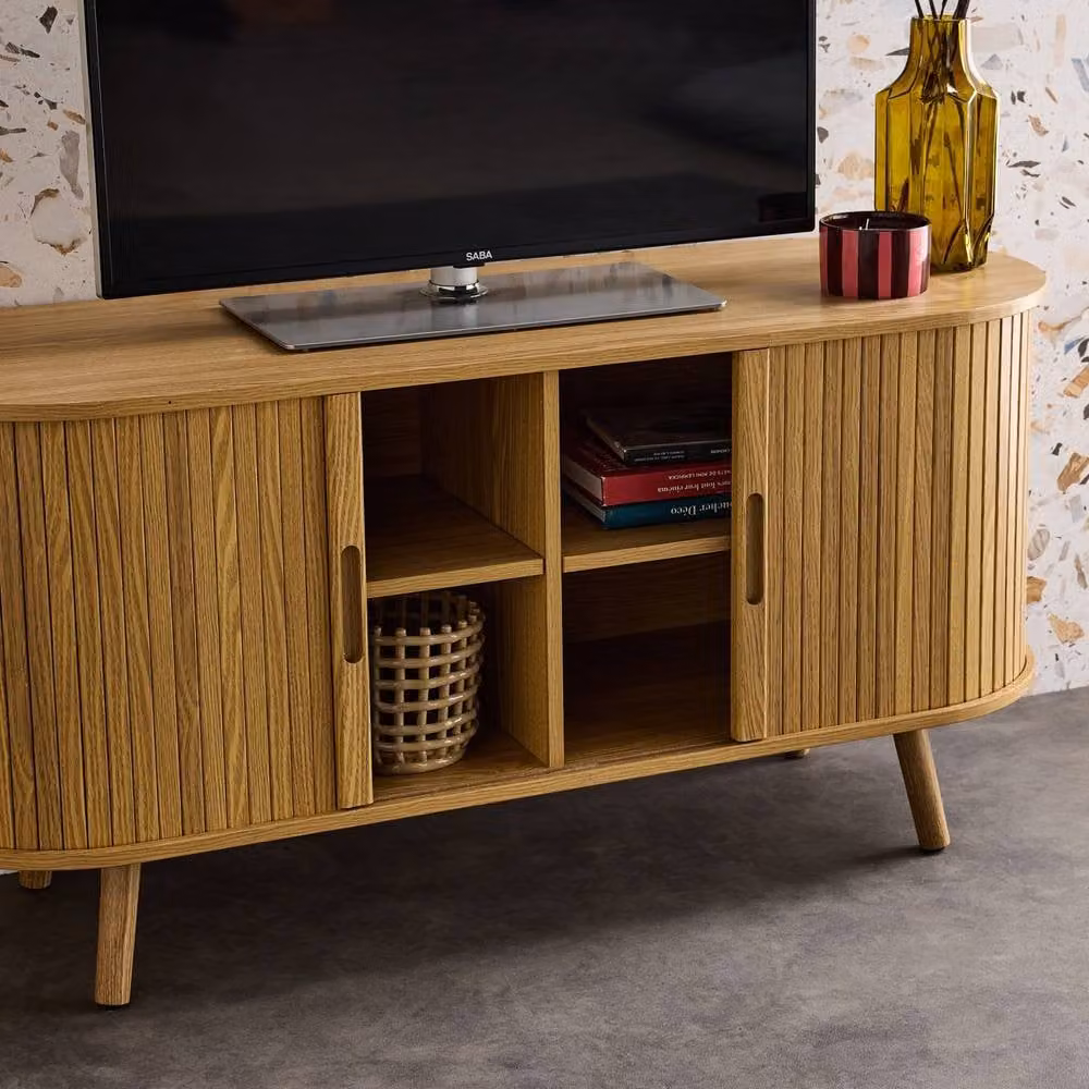 Sweekeet Scandi-style TV Unit with Grooved Wooden Effect and 2 Sliding Doors, Light Brown, W: 120 cm, D: 40 cm, H: 57 cm – 3