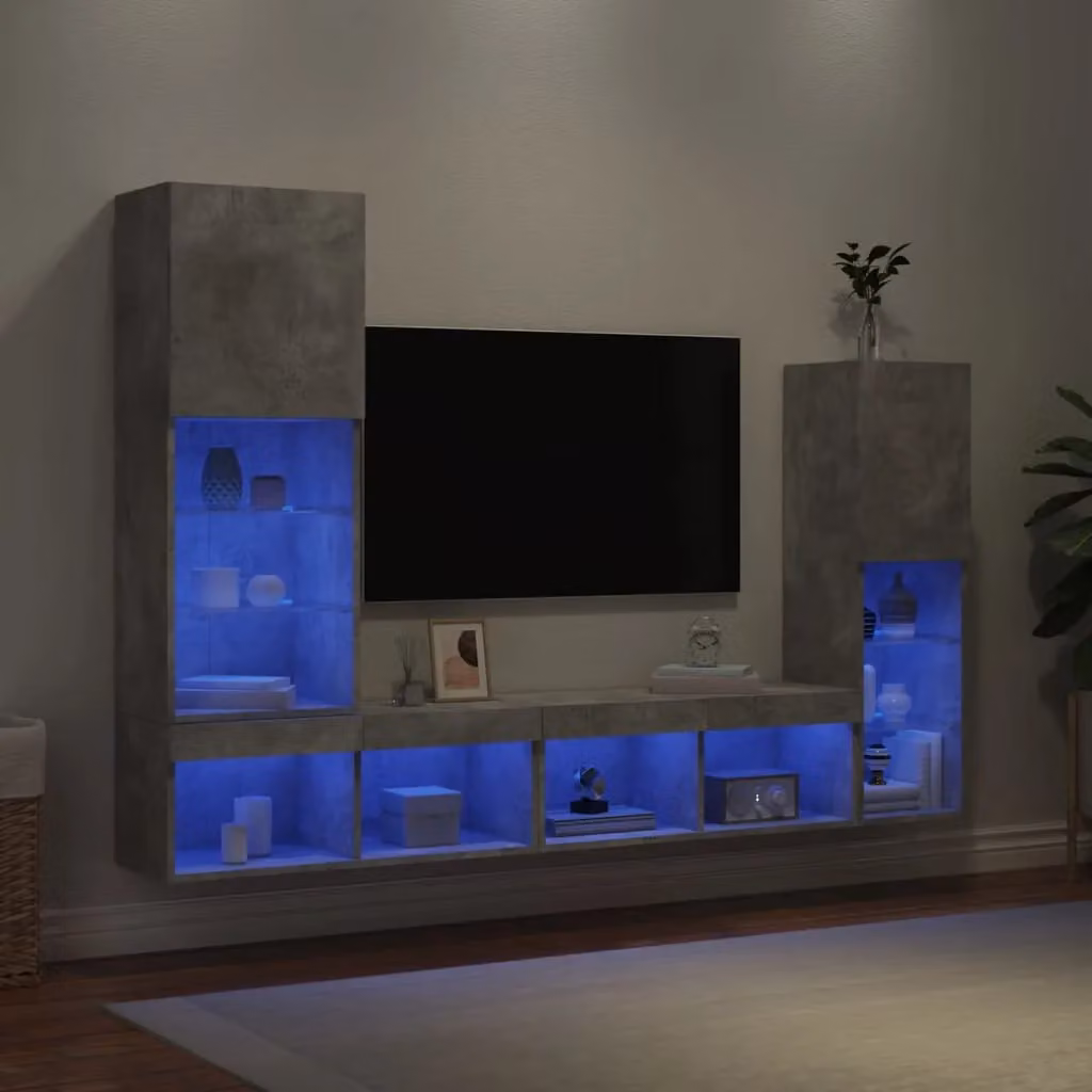 Berkfield Home 4 Piece Modern Wall Mounted TV Unit Set in Concrete Grey with Integrated LED Lighting and Media Compartments – 3