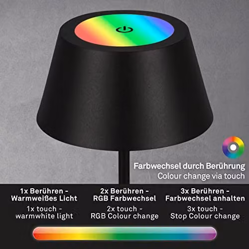 Briloner Black RGB LED Rechargeable Table Lamp with Touch Control and Adjustable Height, IP44 Waterproof Outdoor Light – 4