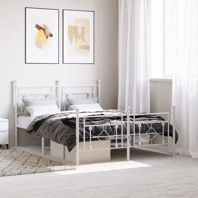 Berkfield Home Metal Bed Frame with Footboard, White, W/D/H: 140 x 190 cm