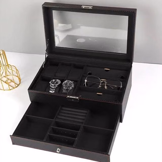VOGREX 2-Tier 6-Slot Watch and Jewellery Box with Glass Lid, Black