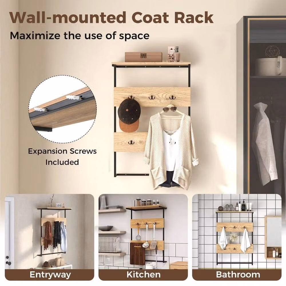 Kelvenix Brown Wood Wall Mounted Entryway Coat Rack with 6 Hooks – 3