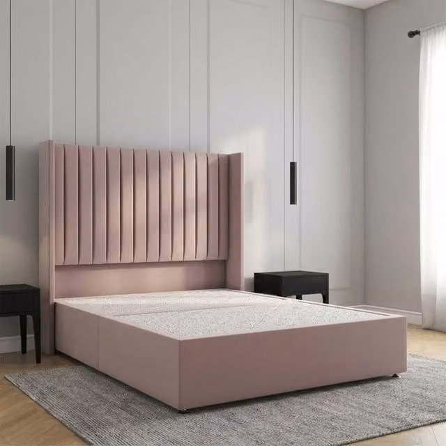 Regional Furnishings Pink Plush Velvet Divan Bed Base with 54 inch Headboard, King Size, W/D/H: 180 x 200 cm