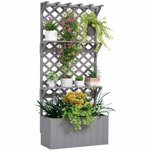Outsunny Grey Wooden Raised Planter with Trellis and 2 Shelves
