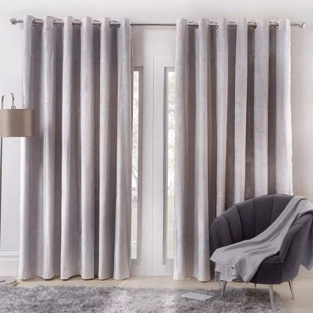 Sienna Capri Supersoft Velvet Eyelet Lined Curtains in Silver, Width: 228 cm
