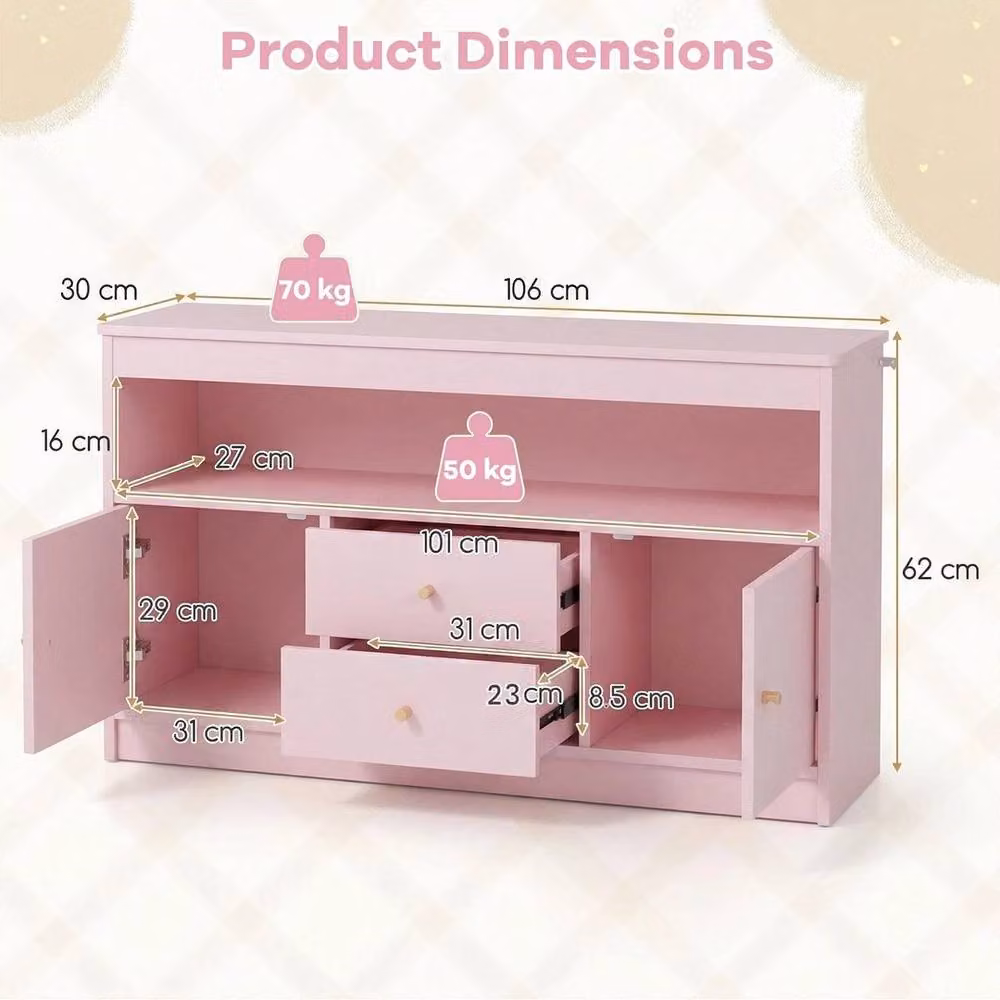 Kelvenix Multifunctional Pink Wood Display Cabinet with Hinged Doors and Internal Drawers – 2