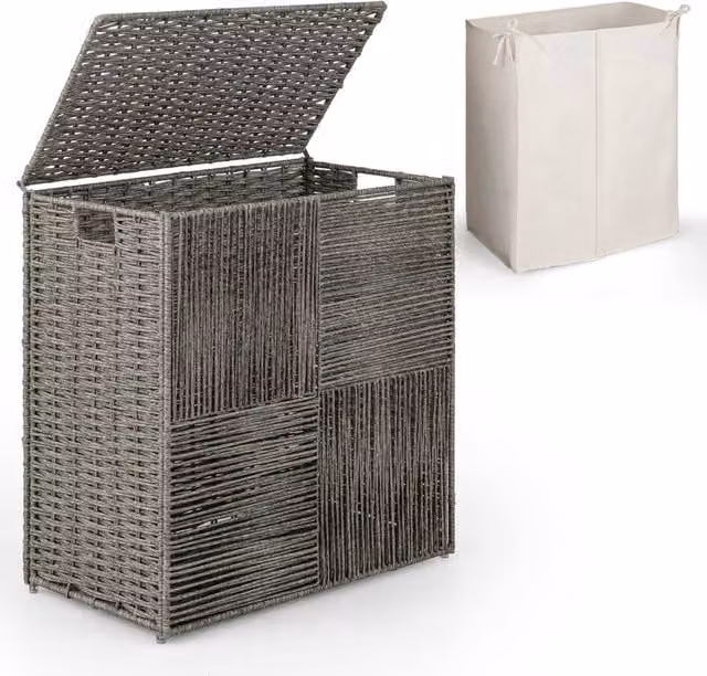 Costway 110L Hand-woven Rattan Laundry Basket with Lid and Removable Bag in Grey – 1