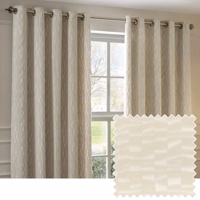 Manhattan Set of 2 Ivory Velvet Eyelet Curtains, Width: 137 cm, Height: 168 cm