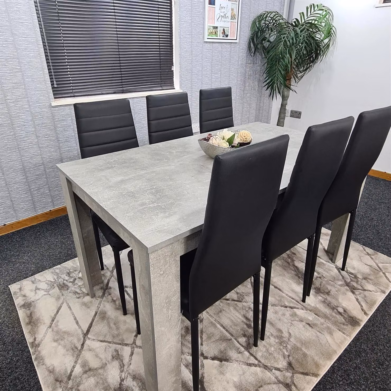 KOSY KOALA Modern Rectangular Dining Table Set with 6 Black Chairs, Stone Grey Effect and Brown Wood Finish – 5