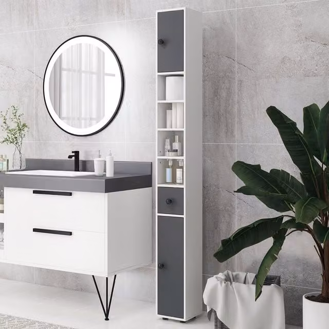 Kleankin Slim Freestanding Bathroom Cabinet with Internal Shelves and Hinged Doors in Grey and White