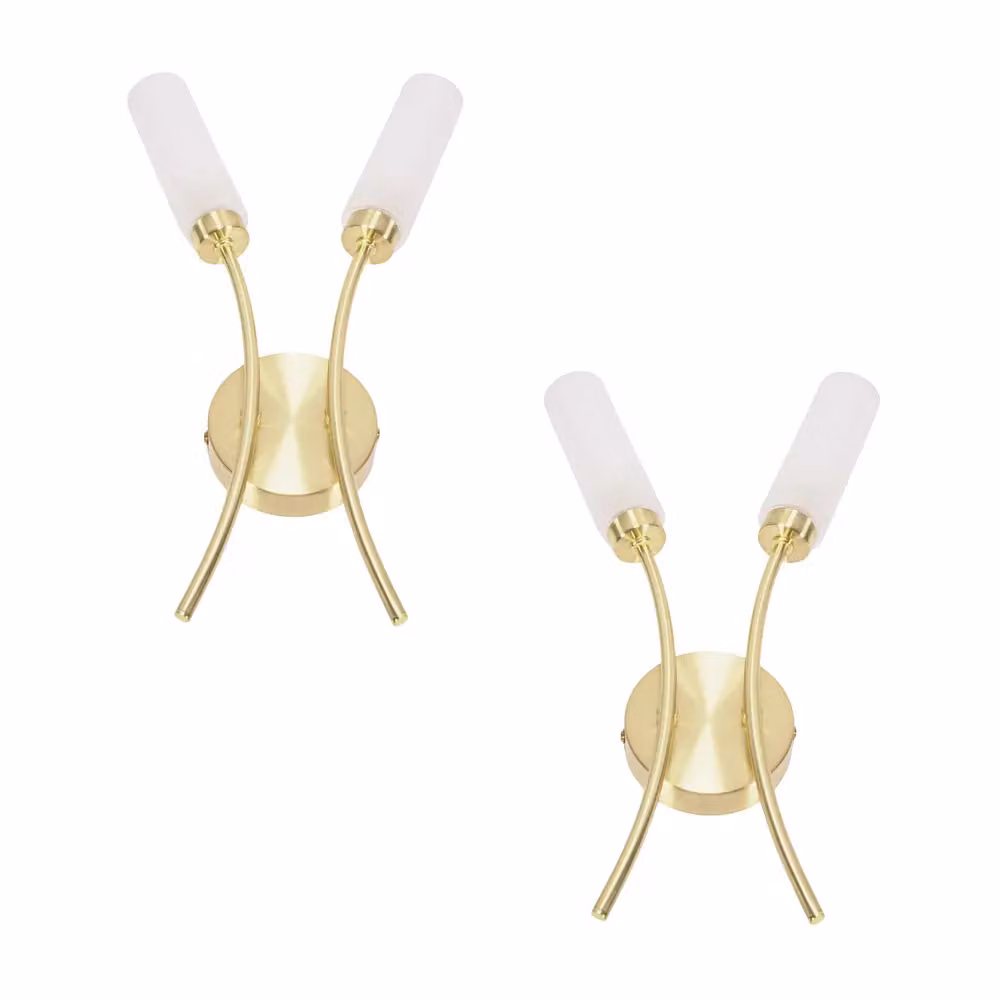 ValueLights Maya Pair of 2 Way Curved Upright Reed Shaded Wall Lights in Gold/Brass – 2