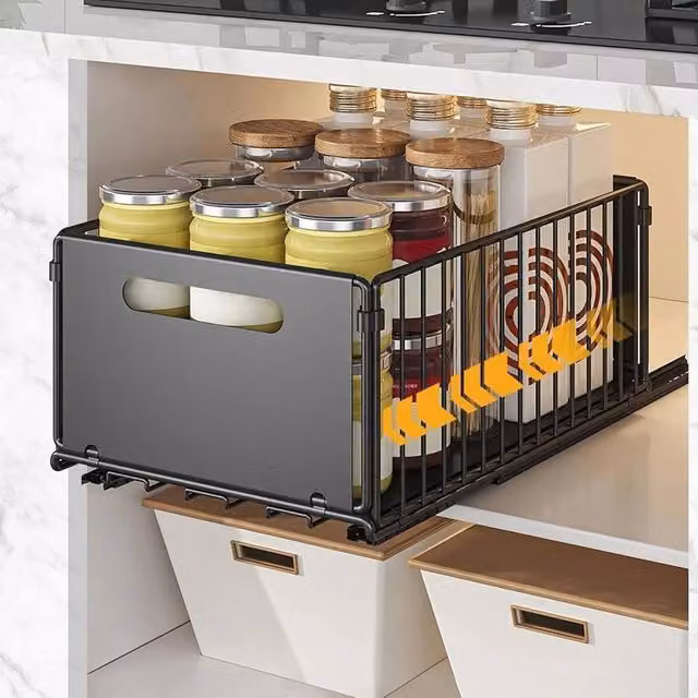 VOGREX Black Metal Pull Out Cabinet Organizer Slide Drawer for Kitchen and Bathroom Storage – 1