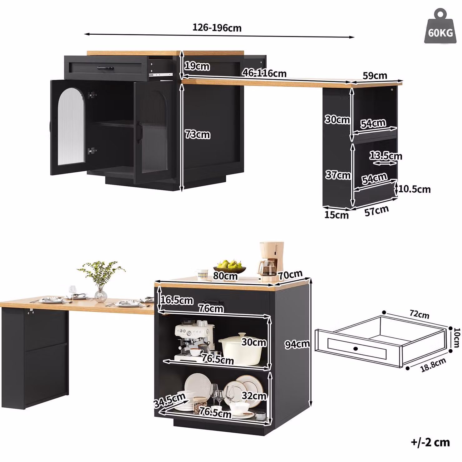 Aosom UK Extendable Kitchen Island with App-Controlled RGB LED Lighting in Black, W: 59 cm, D: 59 cm, H: 94 cm (Extendable to 126-196 cm) – 3