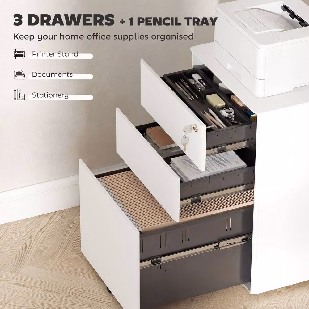 STILVORA 3 Drawer Metal Filing Cabinet with Lock and Castors, White – 3