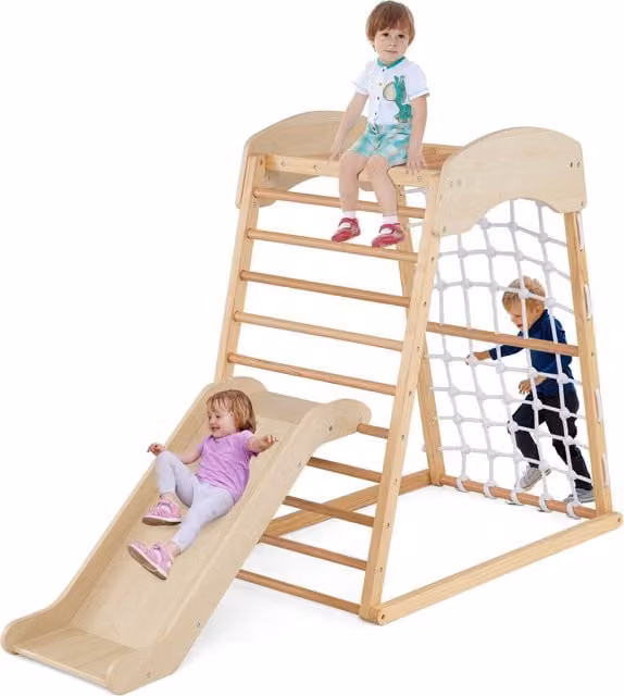 Costway 4-in-1 Wooden Toddler Playground Jungle Gym with Slide in Brown