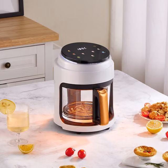 Livingandhome 2.2L White Air Fryer with Transparent Glass Basket and Digital Display