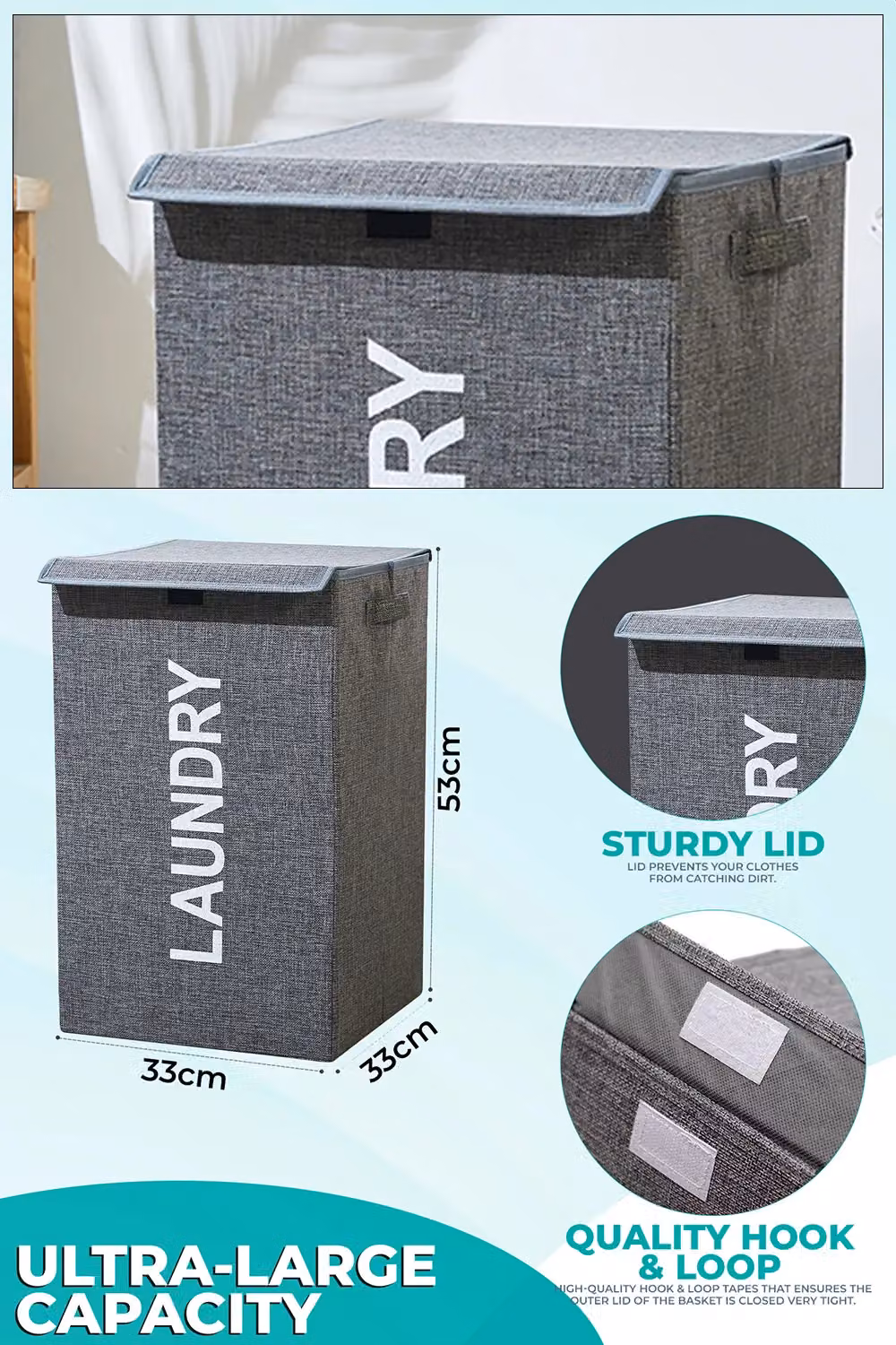 Neel Blue Collapsible Fabric Laundry Basket with Lid and Handles, Grey, 57L – 2