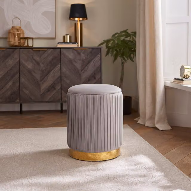 GFW Esme Pleated Storage Stool in Grey Velvet with Gold Metal Frame