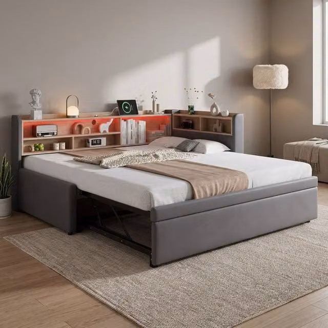 STILVORA Grey Velvet Upholstered Single Daybed with Trundle, USB Charging Port and LED Under-Bed Lighting, W/D/H: 190 x 90 x 85 cm – 1