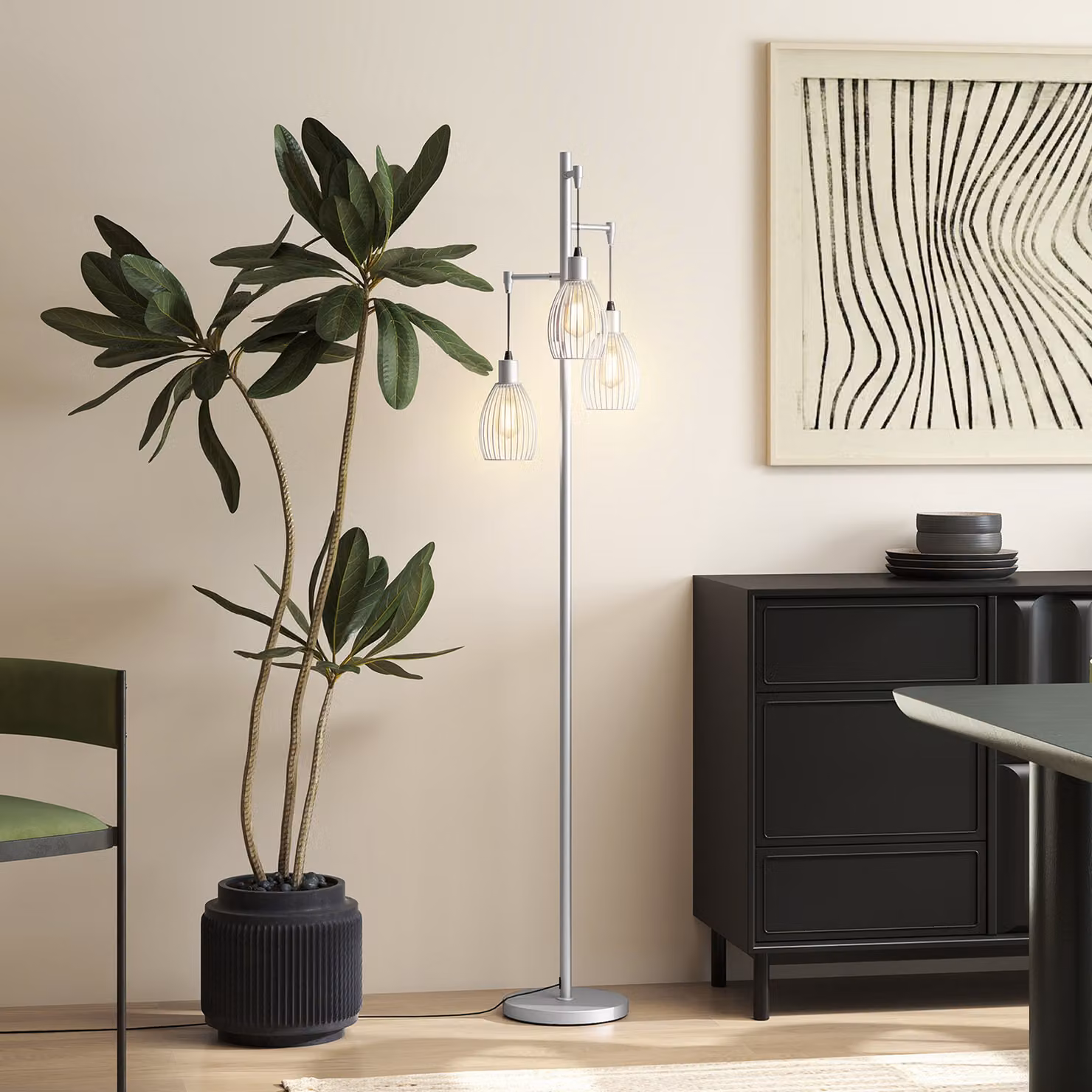 HOMCOM Industrial Dimmable 3-Light Floor Lamp with Steel Wire Cage Lampshades, Silver Tone, Height: 170.5 cm – 5
