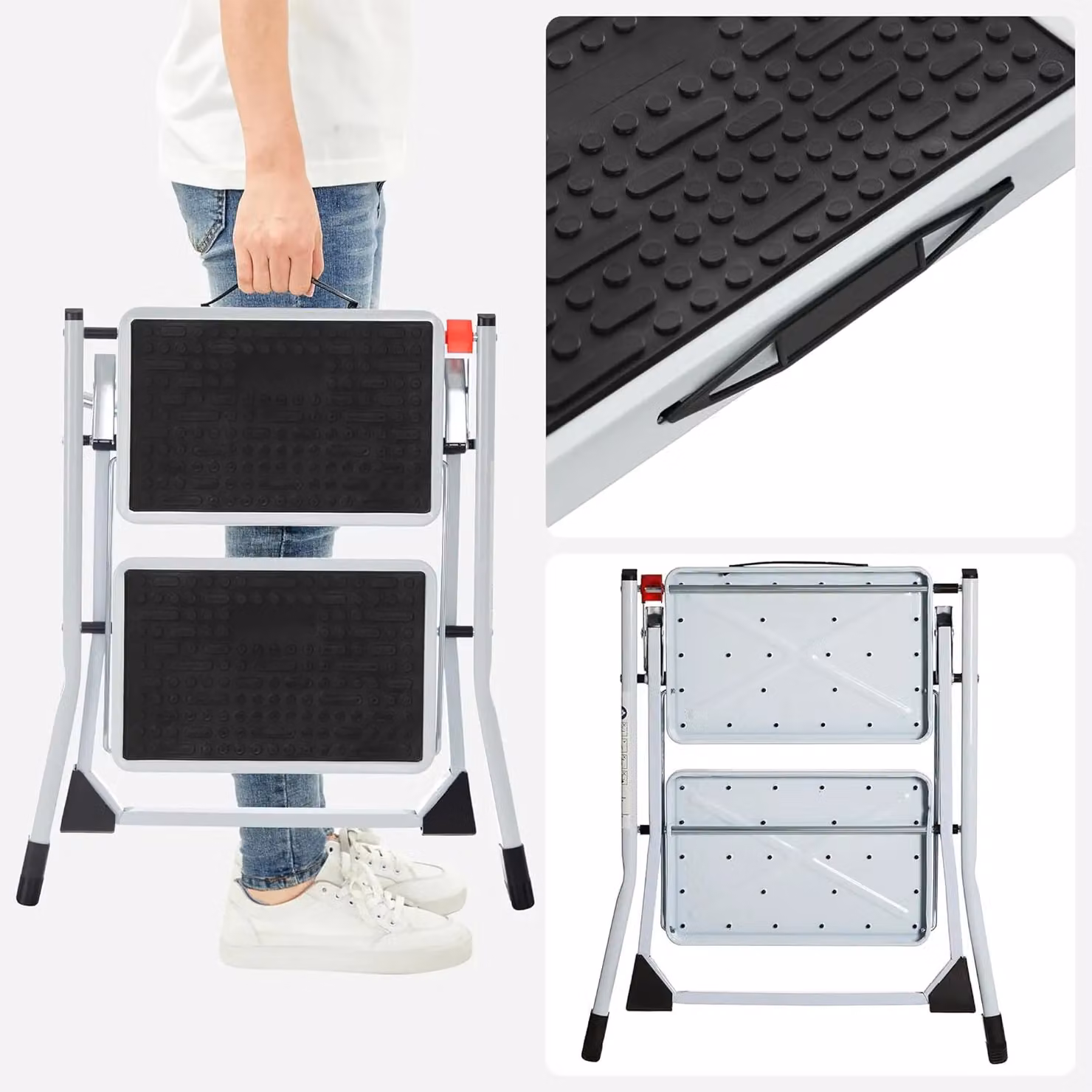 SONGMICS Heavy Duty 2-Step Steel Folding Ladder with Anti-Slip Mat in White – 6