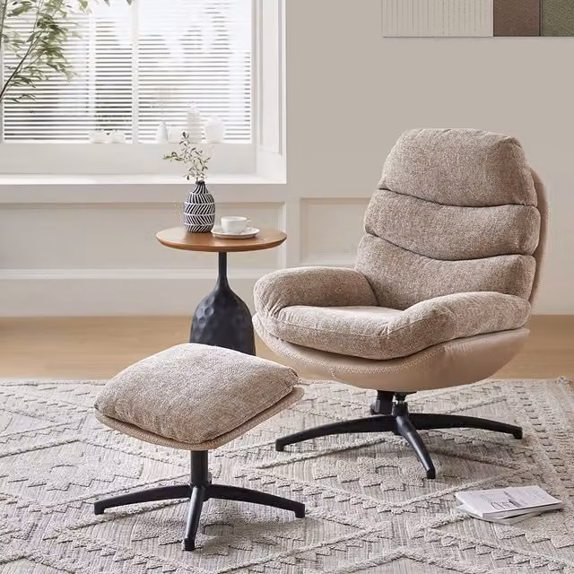 Komore Modern Brown Fabric Lounge Chair with Ottoman