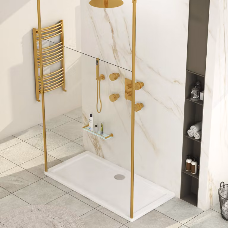 Royal Bathrooms Marbella Walk Through Wet Room Shower Screen, 1100mm, Clear Glass with Brushed Brass Ceiling Post and 8mm Thickness