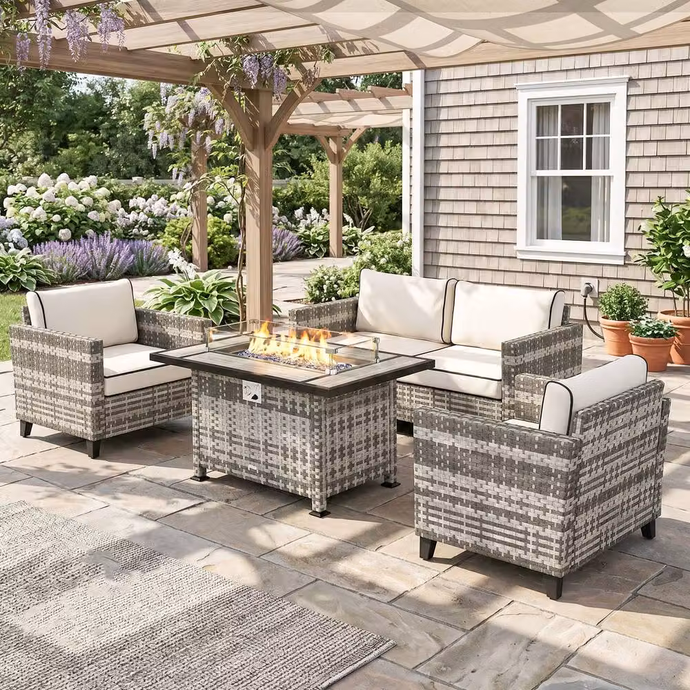 ERGOVEXA 5-Piece Grey Polyrattan L-Shape Patio Furniture Set with Gas Fire Pit Table and Upholstered Cushions – 4
