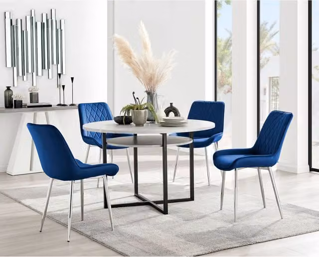 Furniturebox Adley Grey Concrete Effect Round Storage Dining Table and 4 Pesaro Navy Velvet Chairs with Silver X-Frame Legs