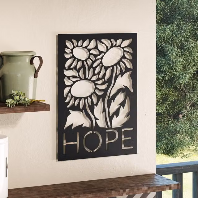 Decortie Modern Floral Hope Metal Wall Art Decorative Object in Black