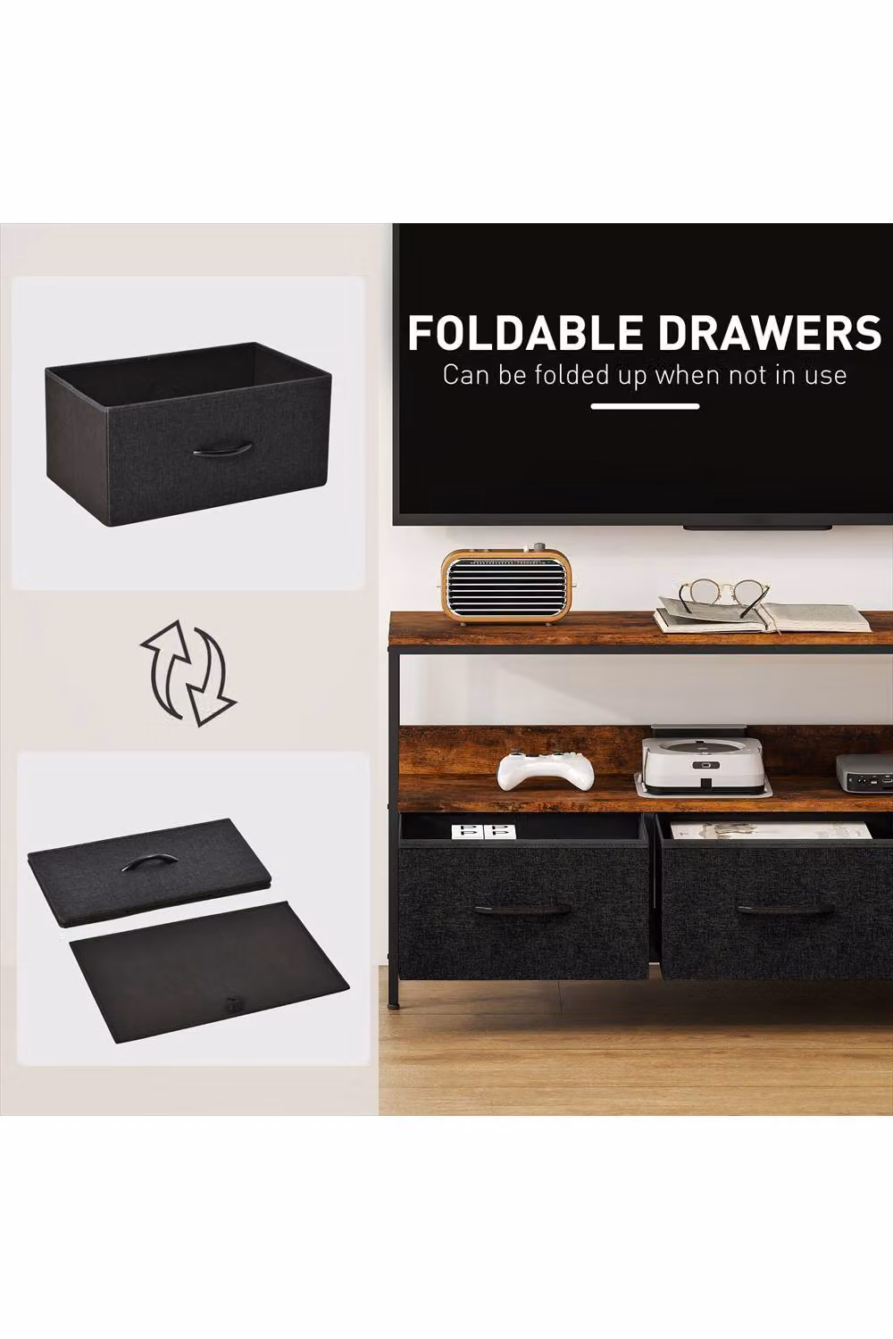 ERGOVEXA Industrial TV Stand Cabinet with 3 Foldable Drawers, Brown, W: 120.0 cm, D: 29.0 cm, H: 56.0 cm – 2