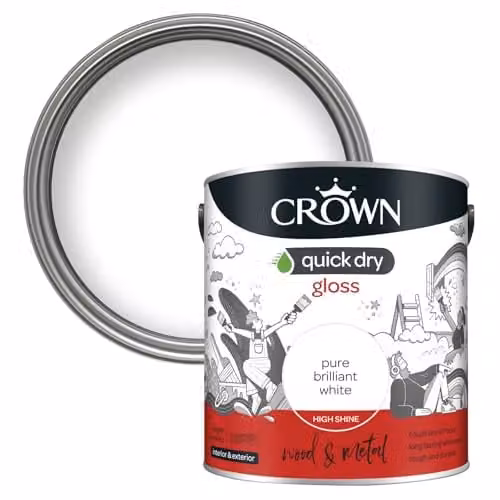 Crown Quick Dry Water Based Gloss Paint for Wood and Metal, White, 2.5l – 2
