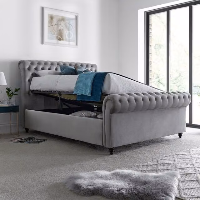 Bedmaster Osborne Grey Velvet Chesterfield Ottoman Bed, W: 140 cm, D: 200 cm