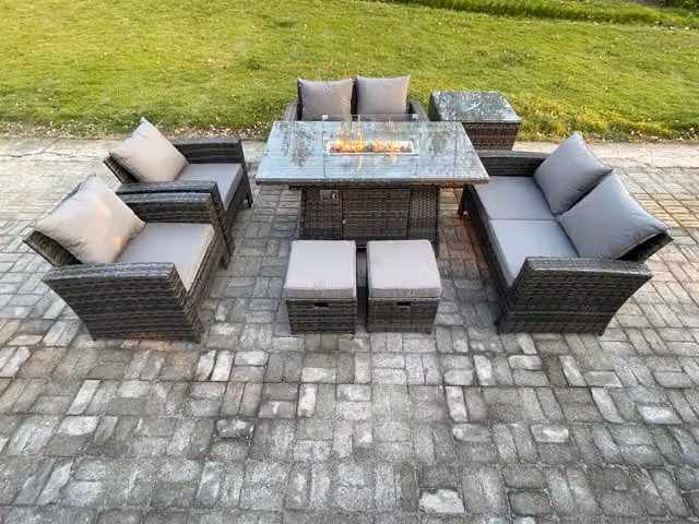 Fimous 8 Seater Rattan Garden Furniture Set with Gas Firepit Dining Table and Double Seat Sofa in Dark Grey