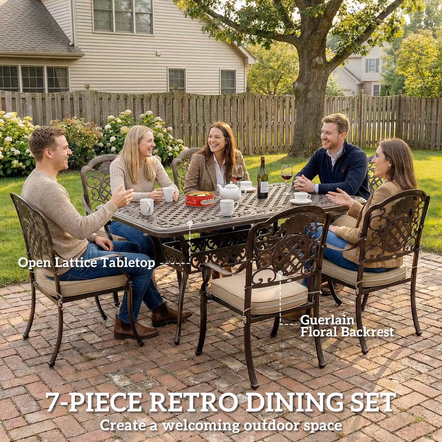 Outsunny Garden Dining Set for 6, Bronze Tone Powder Coated Aluminium Rectangular Table and Chairs with Floral Cushions and Parasol Hole – 4