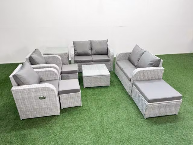 Fimous 9 Seater Rattan Garden Furniture Set in Light Grey with L-Shape Sofa, Reclining Chairs, Coffee Table and Ottomans