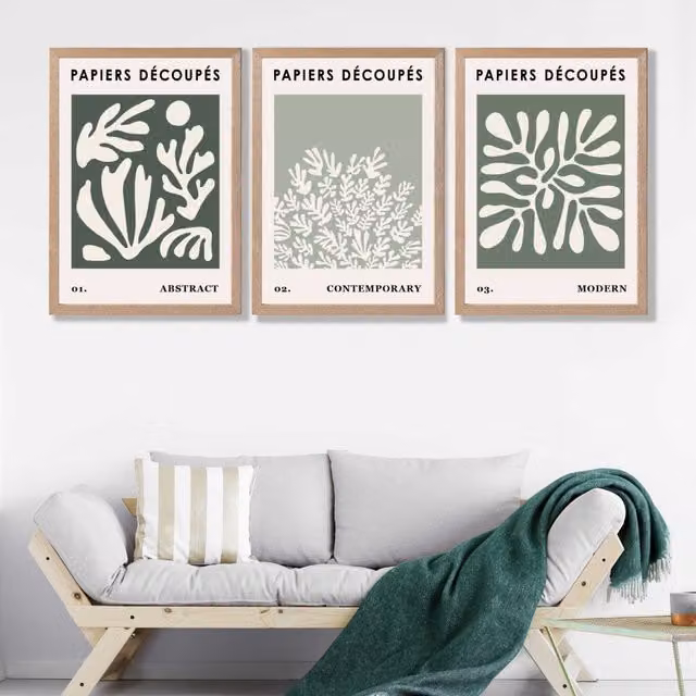 ARTZE Matisse Floral Set of 3 Wall Art Prints in Green and Sage with Oak Frame – 1