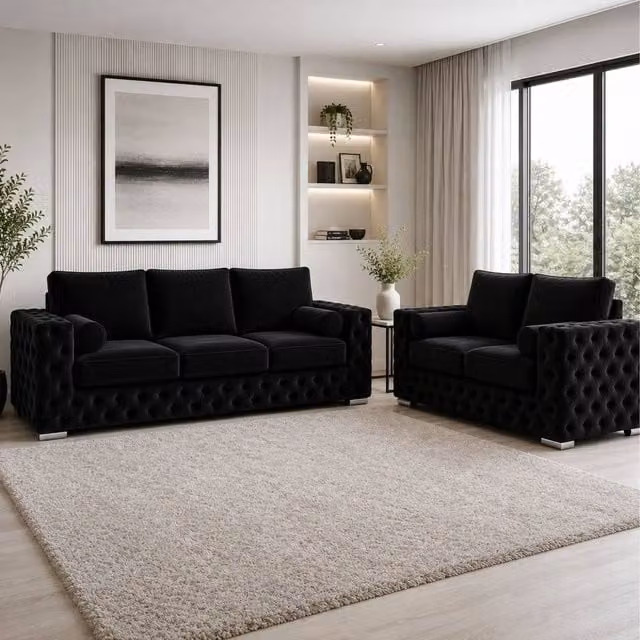 Stratus Interiors Ashley Full Back Chesterfield Upholstered Fabric 2 and 3 Seater Sofa Set in Black