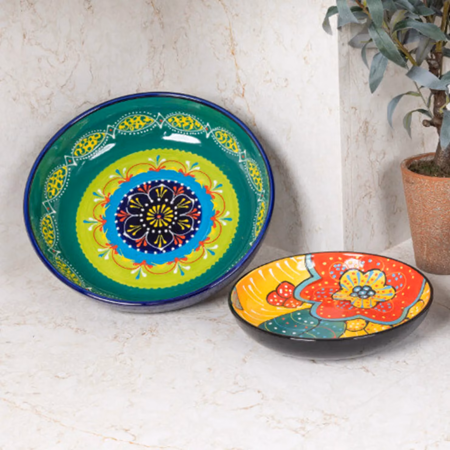 Verano Spanish Ceramics Hand Painted Geometric Serving Bowl in Multicolour, Diameter: 30 cm – 3