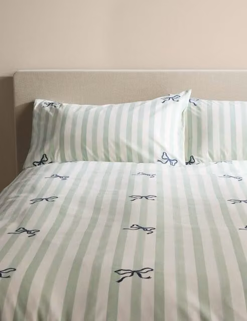 M&S Green Mix Striped Pure Cotton Embroidered Bow Bedding Set with Duvet Cover and Pillowcase, W: 180 cm, L: 200 cm