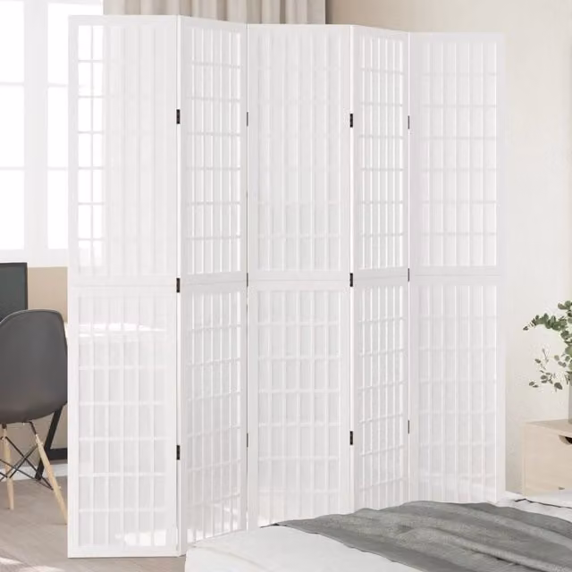 Berkfield Home 5 Panel Room Divider in White Solid Paulownia Wood