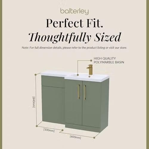 Balterley L-Shaped Vanity Unit and WC Unit with Basin and Worktop, Green, Floor Standing with 2 Soft Close Doors and Brushed Brass D Shape Handles, Right Hand Configuration – 2